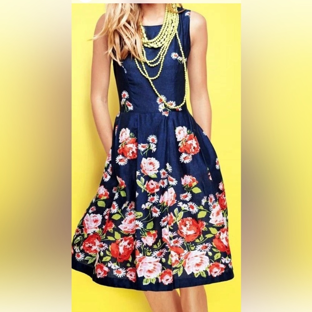 Lands' End 100% Linen Navy Floral Fit-and-Flare Sleeveless Dress Pockets size 6